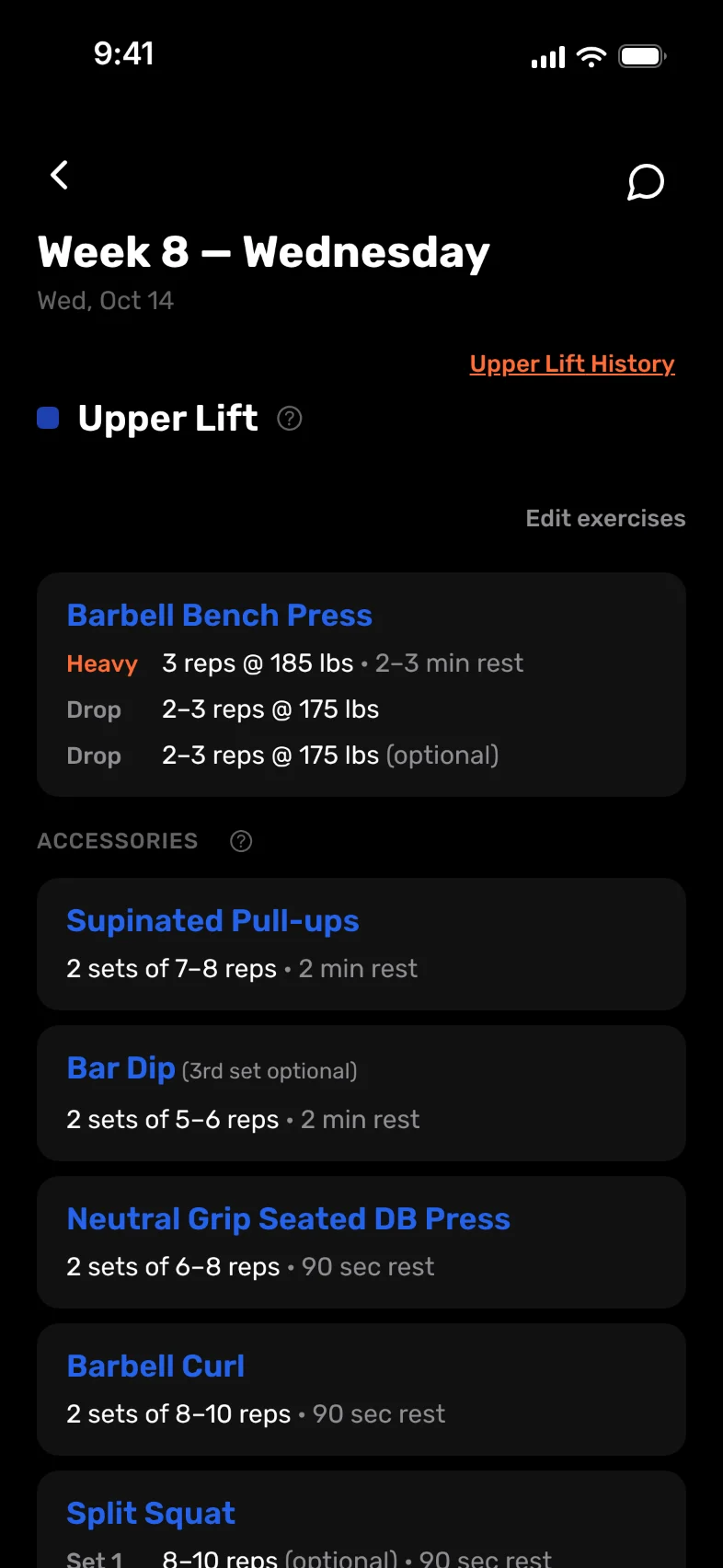 An Upper Lift in Capacity: the week's bench press sets and weights, then the accessories.