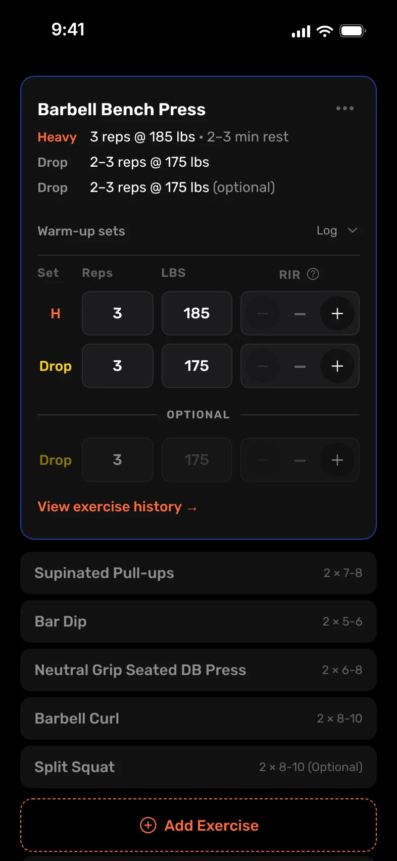 Logging a bench press in Capacity: reps, weight and reps in reserve for each set.
