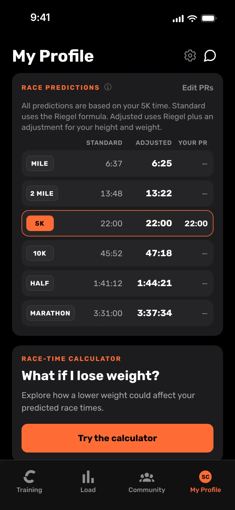 Race predictions in Capacity from the mile to the marathon, then the race-time calculator, What if I lose weight?