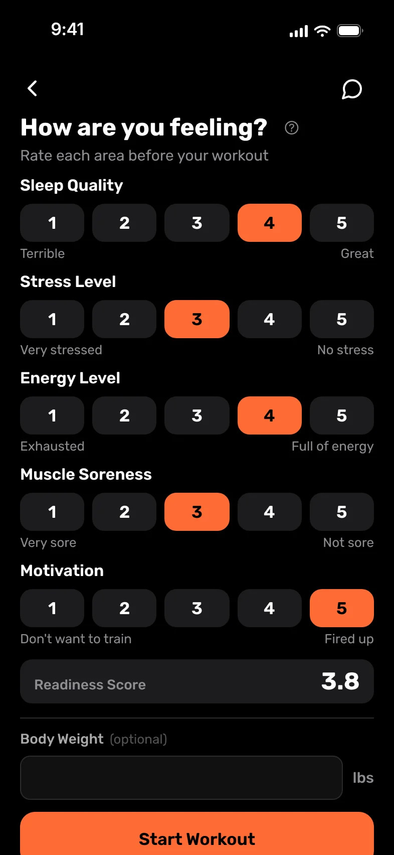 The readiness check-in in Capacity: sleep, stress, energy, soreness and motivation, each rated 1 to 5.
