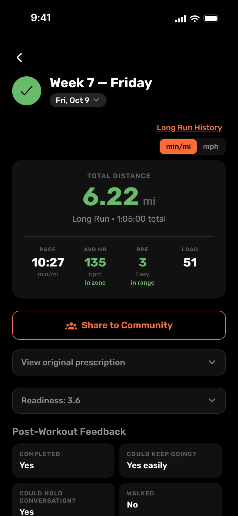 A Long Run's results in Capacity: 6.22 miles at 10:27 per mile, average heart rate 135 in zone, effort 3 in range, load 51.