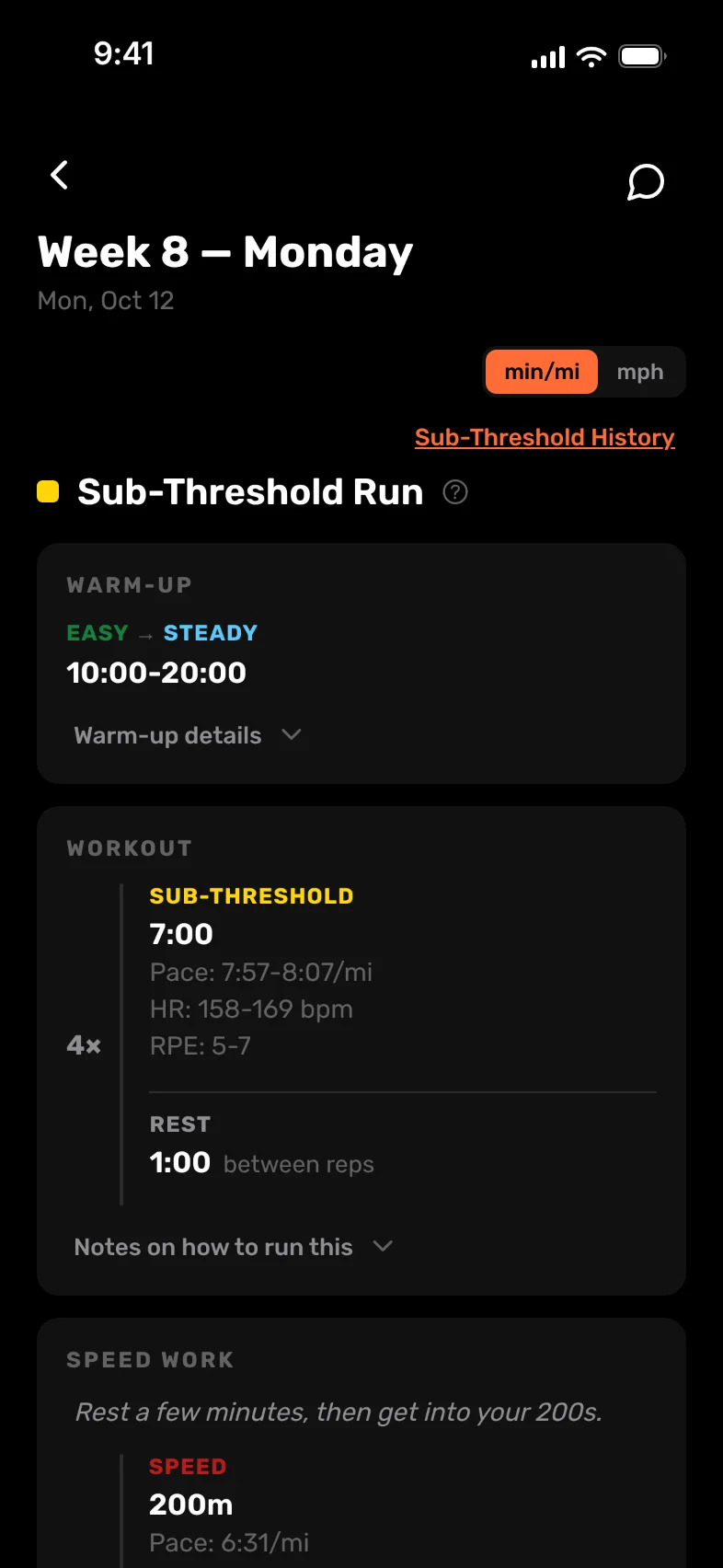 A Sub-Threshold Run in Capacity: the warm-up, then four intervals with their pace, heart-rate and effort range, then speed work.