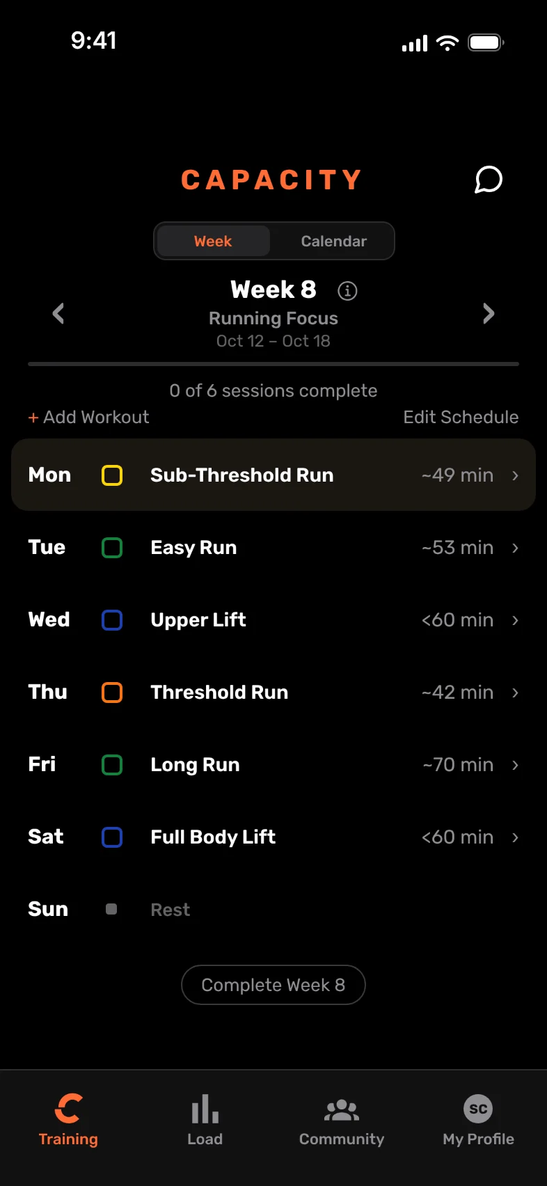 Capacity's Training tab: week 8 of a Running Focus plan, with four runs and two lifts.